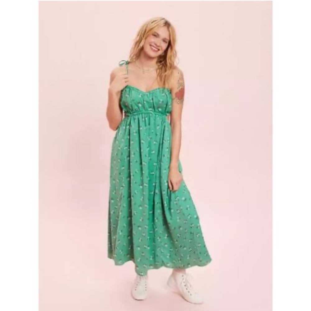 American Eagle Women’s Floral Green Maxi Dress Size Xxs Smocking Cottagecore